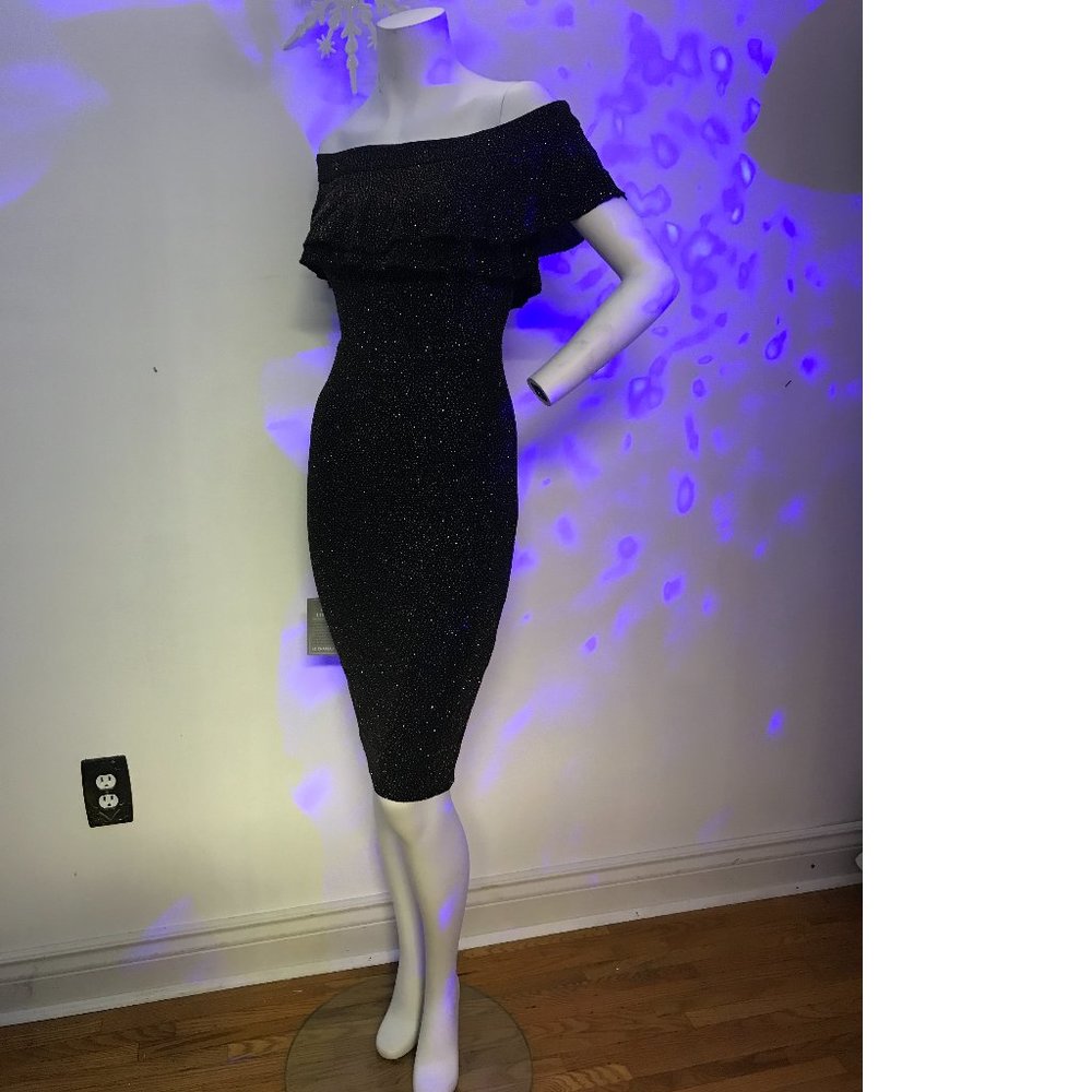Le Chateau Black stretchy shiny sparkle rainbow metallic cold shoulder dress NWT